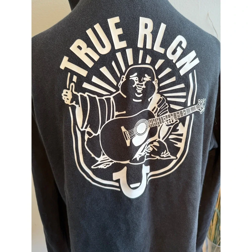 True Religion Mens 2XL Black‎ Buddha Guitar Graphic Full Zip Hoodie Sweatshirt
